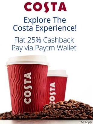 India Desire : Paytm Costa Coffee Offer: Buy 1 Get 1 Free & Extra 25% Cashback On Costa Coffee With Paytm Wallet